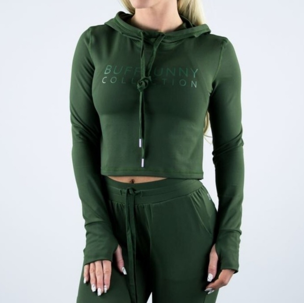 Buffbunny Basil Green Cropped Hoodie w/ Finger Holes S